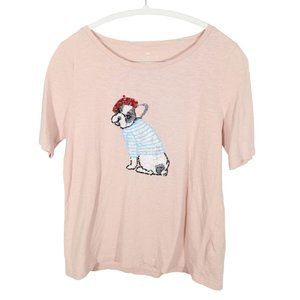 TALBOTS Peachy Pink Sequin French Bulldog Frenchie Short Sleeve T Shirt Size Mp